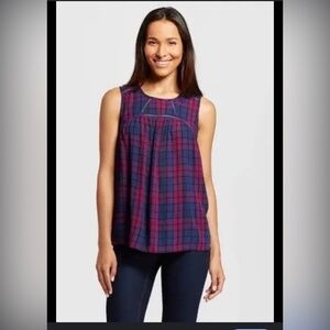 Knox Rose Size Xl Tank Top Plaid High Neck Lace Inlet Boho Layering Blue Pink